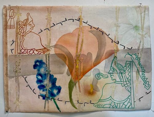 Border Platicas with Flowers Listening van Consuelo Jimenez Underwood, Schilderij te koop op Singulart