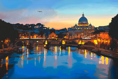 Rome at Sunset: A View from Ponte Sant'Angelo by Marco Barberio, Painting for Sale on Singulart