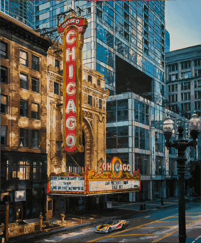 Chicago theater at dusk di Marco Barberio, Pittura in vendita su Singulart