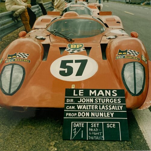 Steve McQueen Le Mans Ferrari production shot with clapboard from the collection of Nikita Knatz Anon