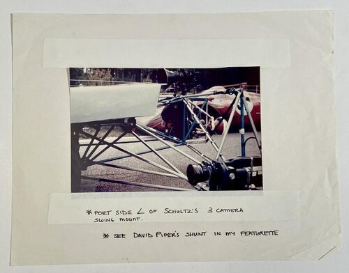 Steve McQueen Le Mans camera mount storyboard photo mounted by Nikita Knatz with his notes on the mount Anon