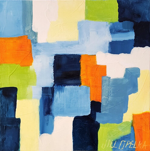 Abstract II (Vibrant, Deep, Blue, Navy, Green, Orange, Yellow) by Jill Opelka, Painting for Sale on Singulart