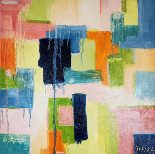 Abstract IV (Abstract, Vibrant, Deep, Blue, Navy, Green, Orange, Pink) von Jill Opelka, Malerei kaufen auf Singulart