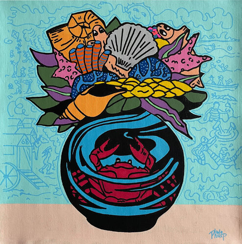 Summertime (James Ensor, crabs, summer colors) van Philip Verhoeven, Schilderij te koop op Singulart