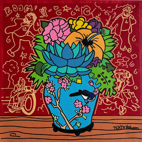 The Blue Lotus (Tintin, Belgian art, Chinese flowers) van Philip Verhoeven, Schilderij te koop op Singulart