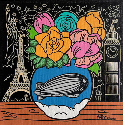 Voyage (zeppelins, Eiffel Tower, Statue of Liberty) van Philip Verhoeven, Schilderij te koop op Singulart