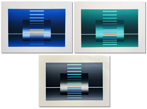 Geometric Compositions in Blue, Green and Gray - 3 x PRINTS (Constructivsm, Geometric Abstract, Op-Art) by Friedrich Geiler, Print for Sale on Singulart
