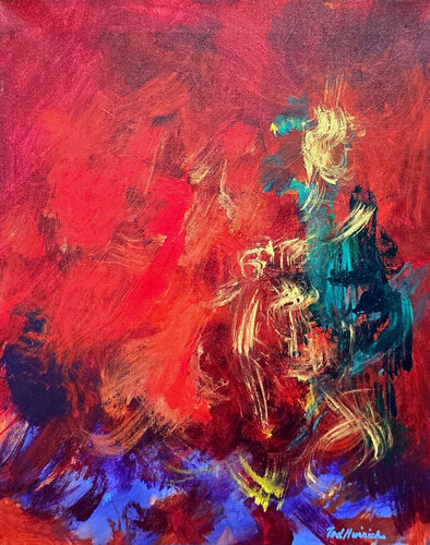 Discovering Red (Gestural Abstraction, Red, Green, Blue, Gold) van Ted Hinrichs, Schilderij te koop op Singulart