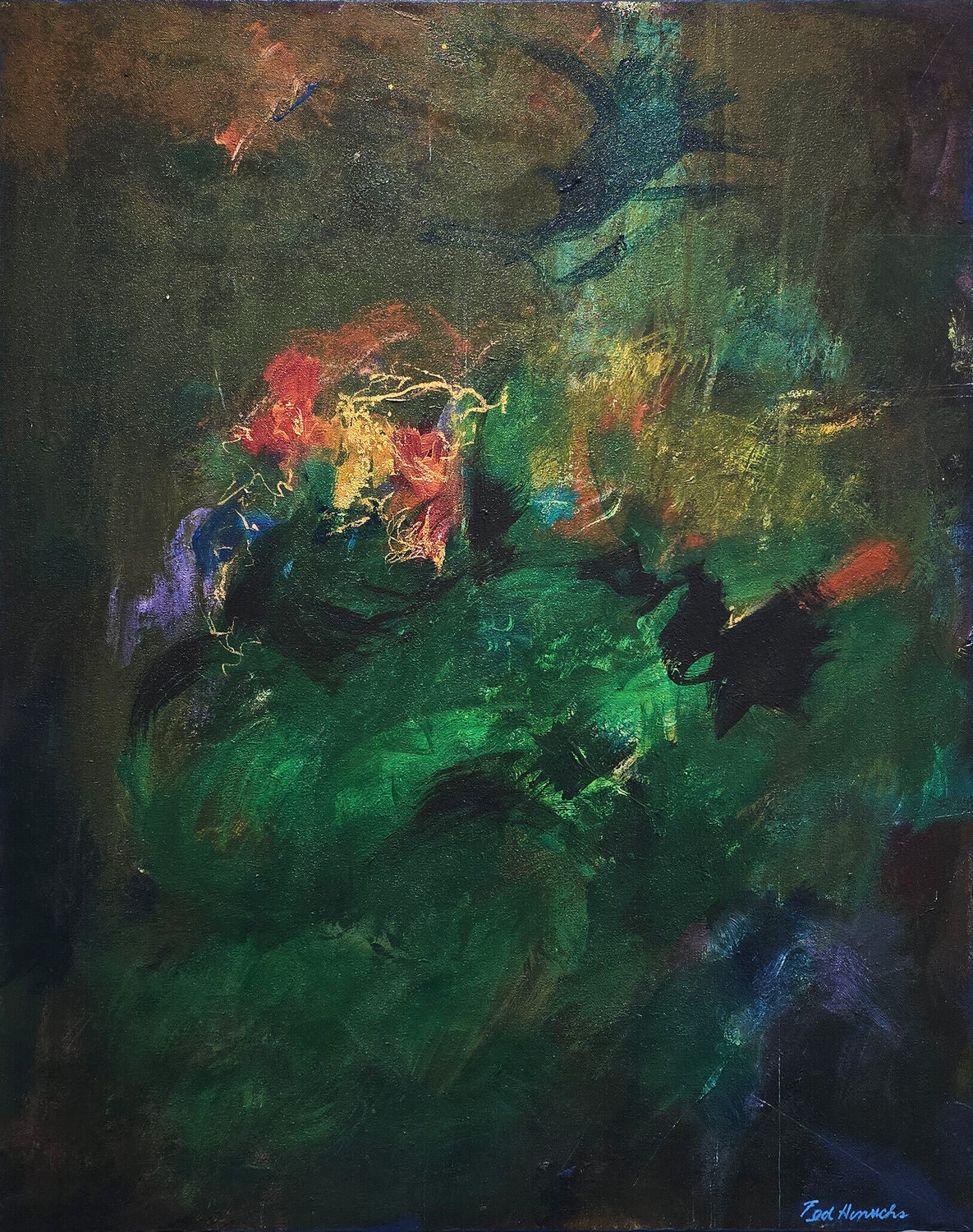 Discovering Green (Gestural Abstraction, Green, Blue, Gold, Jungle) Ted Hinrichs Originalgemälde zu verkaufen