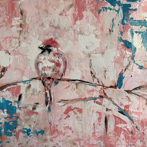 Pink in my Heart (Pink, Blue, Modern Abstraction, Bird, Texture, Palette knife, Oil Paint, Glazes, Impasto) van Genevieve Hamel, Schilderij te koop op Singulart