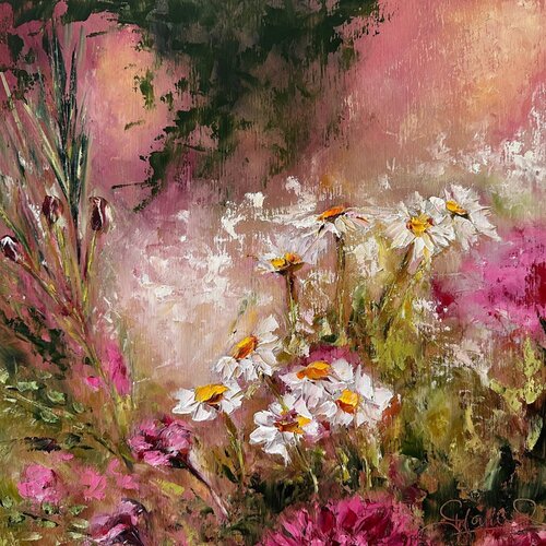 Perfect Match (Impressionism, Flowers, Impasto, Pink, Colorful, Vibrant, Rose, Warm) van Genevieve Hamel, Schilderij te koop op Singulart