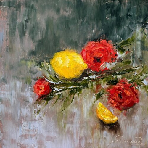 Perfect Match (Impressionism, Flowers, Impasto, Colorful, Vibrant, Yellow, Red, Lemon, Roses) van Genevieve Hamel, Schilderij te koop op Singulart