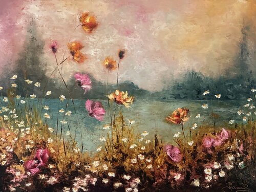 Mystique (Flowers, Impasto, Oil Paint, Contemporary Realism, Impressionism, Colorful, Nature, Landscape, Dreamy, Warm, Sensual) van Genevieve Hamel, Schilderij te koop op Singulart