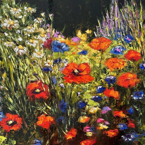 Meadow (Impressionism, Flowers, Impasto, Landscape, Colorful, Floral, Vibrant) van Genevieve Hamel, Schilderij te koop op Singulart