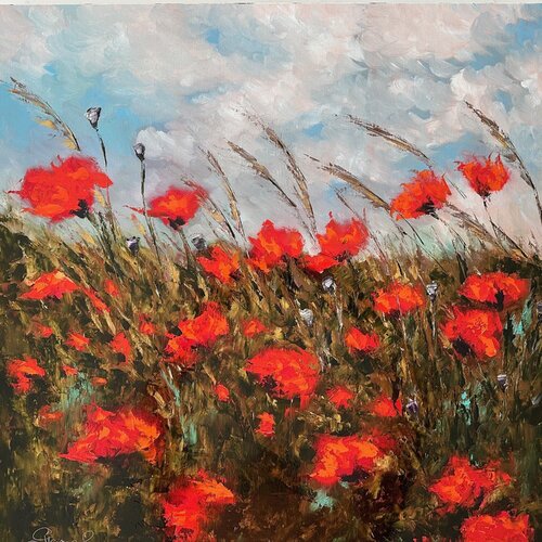 Dance with the Wind (Impressionism, Flowers, Impasto, Landscape, Colorful, Vibrant, Poppies) von Genevieve Hamel, Malerei kaufen auf Singulart