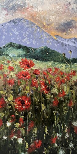 By the Mountains (Impressionism, Flowers, Impasto, Landscape, Colorful, Warm, Iconic) di Genevieve Hamel, Pittura in vendita su Singulart