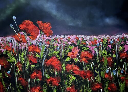 Blues of You (Flowers, Impasto, Oil Paint, Contemporary Realism, Impressionism, Colorful, Nature, Landscape, Dramatic) de Genevieve Hamel, Pintura a la venta en Singulart