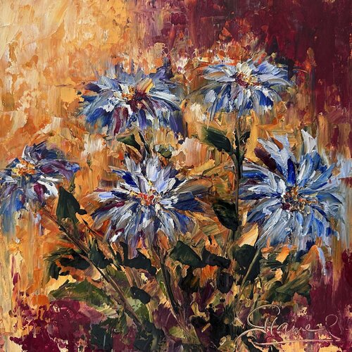 Blue Jeans (Impressionism, Flowers, Impasto, Landscape, Colorful, Cool, Earthy) di Genevieve Hamel, Pittura in vendita su Singulart