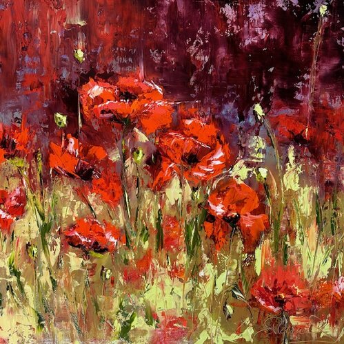 Beauty in Red (Impressionism, Flowers, Impasto, Landscape, Colorful, Vibrant, Poppies) van Genevieve Hamel, Schilderij te koop op Singulart