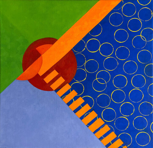 Admitting Porosity (geometric abstract, circles, orange, dark blue, pattern, rectangles, overlapping shapes) by Susan Kiefer, 油畫 for Sale on Singulart