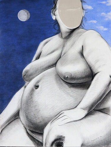Goddess (figurative, pregnant, life drawing, black and white, mirror) von Susan Kiefer, Malerei kaufen auf Singulart