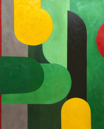 Earthly Pleasures (geometric abstract, rounded shapes, green, brown, yellow, serenity, calming, earthy) by Susan Kiefer, 油畫 for Sale on Singulart
