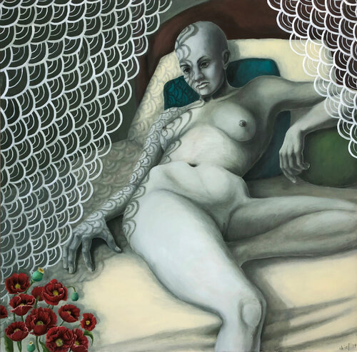 Aphrodite (Amazon After the War) (figurative, nude, lace curtain, poppies) Susan Kiefer