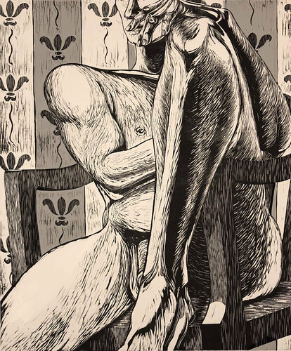 Rex (woodcut print, male figure, neutral colors, pattern) by Susan Kiefer, 版畫 for Sale on Singulart