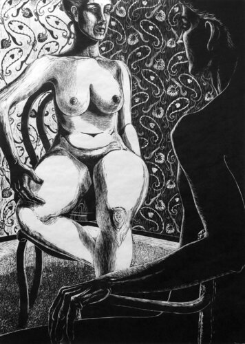 Yin Yang (woodcut, hand-pulled print, black and white, figurative, patterned background) by Susan Kiefer, 版畫 for Sale on Singulart