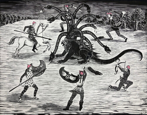 The Amazons and the Hydra (woodcut print, figurative, mythical, black and white, amazons, feminism, pro-choice, fantasy) by Susan Kiefer, Print for Sale on Singulart