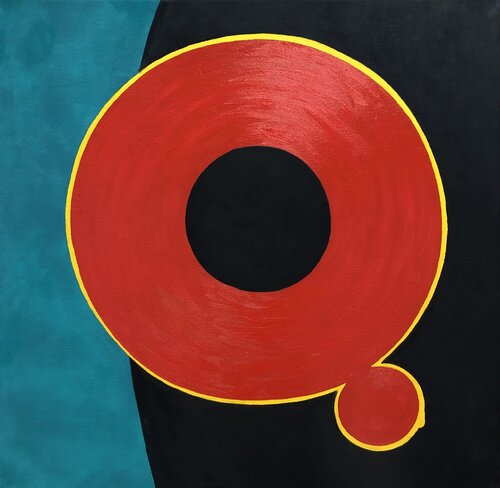 Carnal Knowledge (hard edged painting, geometric abstract, circles, curves, line work, red, black, turquoise, yelow) Susan Kiefer