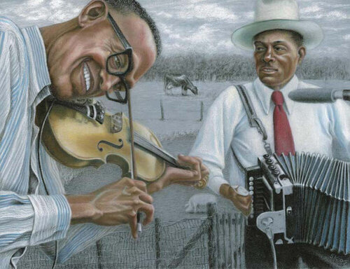 Canray and BoisSec (figurative drawing, Creole musicians, rural, fiddle player, accordion, music, portrait) Susan Kiefer