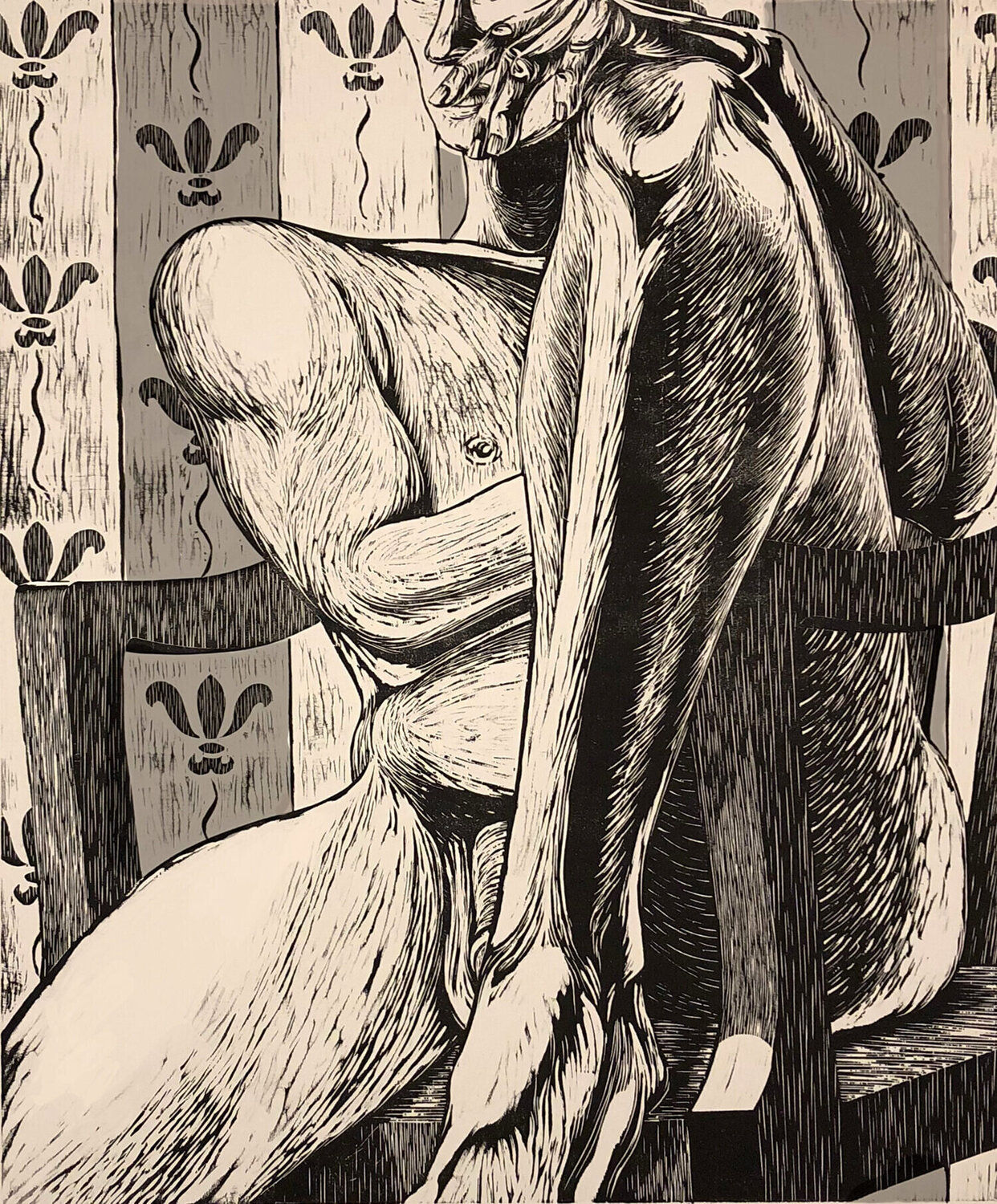 Rex (woodcut print, male figure, neutral colors, pattern) Susan Kiefer Druck zu verkaufen