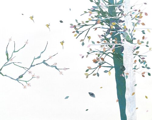 Springtime With Birds (collage, art, tape, cutouts, painting, paper, trees, birds, cherry, poetry) de Aster da Fonseca, Obra en papel a la venta en Singulart