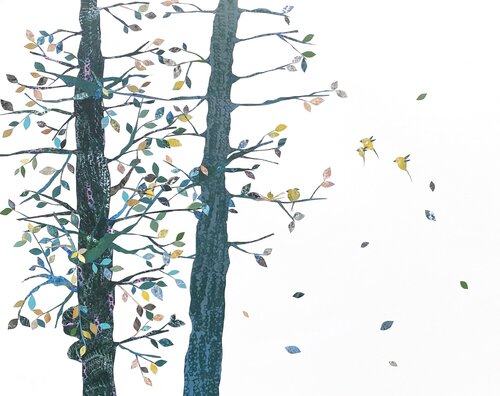 Fledglings (collage, tape, acrylic, paper, landscape, birds, trees, cutouts) de Aster da Fonseca, Obra en papel a la venta en Singulart