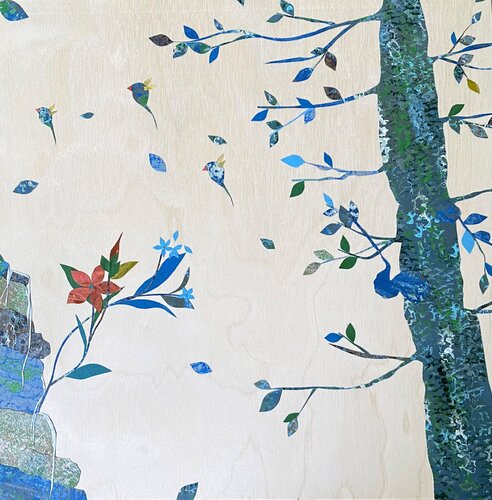Forget-Me-Not with Waterfall (Acrylic paint on tape on wood panel) Aster da Fonseca