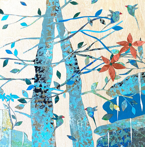 Lilies II (collage, wood, nature, painting, cutouts, tape, art, landscape, birds, trees, flowers) de Aster da Fonseca, Pintura a la venta en Singulart