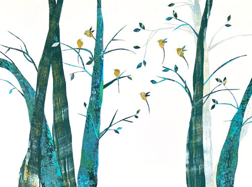 First Day of Spring I (collage, tape, acrylic, paper, landscape, birds, trees, cutouts) de Aster da Fonseca, Obra en papel a la venta en Singulart