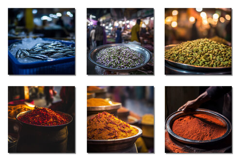 Ahmedabad Street Market - SET of 6 (India, Vibrant, Warm, Spices, Traditional, Gradient) di Lord Fauntleroy, Fotografia in vendita su Singulart