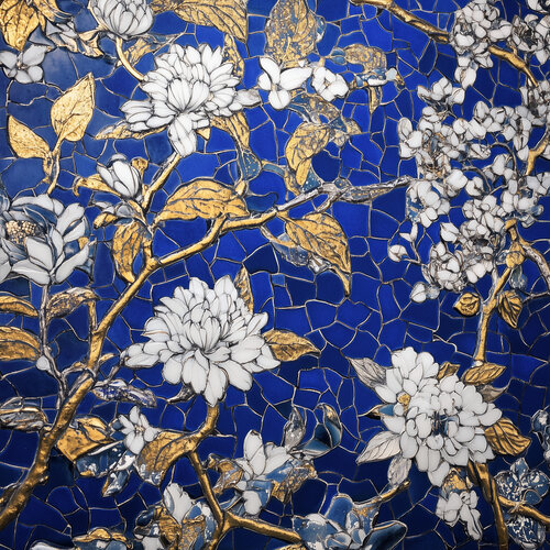 Melanie Sherman 240524-25 (Ceramic, Mosaic, Greek, Roman, Ancient, Blue, White, Gold, Flower, Floral) von Lord Fauntleroy, Fotografie kaufen auf Singulart