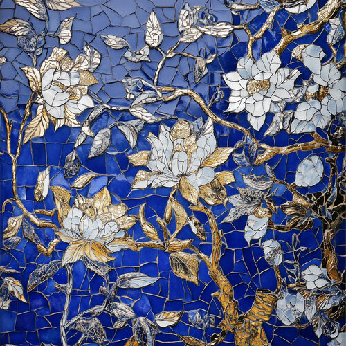 Melanie Sherman 240524-16 (Ceramic, Mosaic, Greek, Roman, Ancient, Blue, White, Gold, Flower, Floral) di Lord Fauntleroy, Fotografia in vendita su Singulart