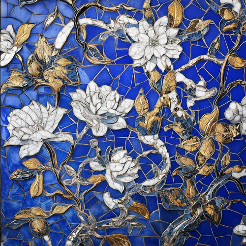 Melanie Sherman 240524-27 (Ceramic, Mosaic, Greek, Roman, Ancient, Blue, White, Gold, Flower, Floral) von Lord Fauntleroy, Fotografie kaufen auf Singulart