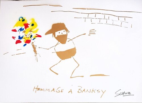 Hommage à Banksy (with yellow, blue and red Flowers) Wilhelm Schlote