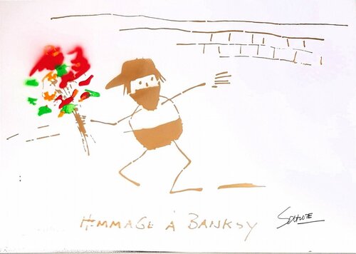 Hommage à Banksy (with orange, red and green Flowers) Wilhelm Schlote
