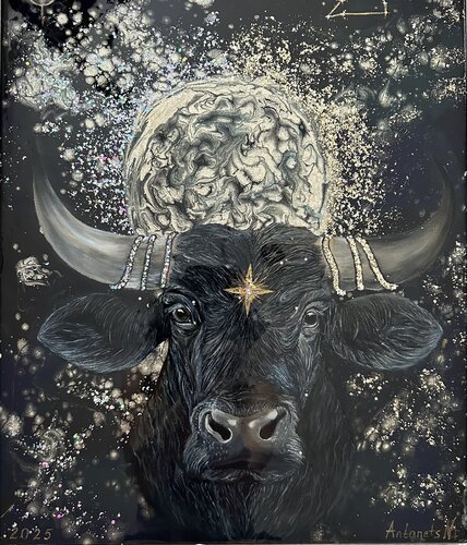 Money Bull pointing the way par Nataliia Antonets, Dessin en vente sur Singulart