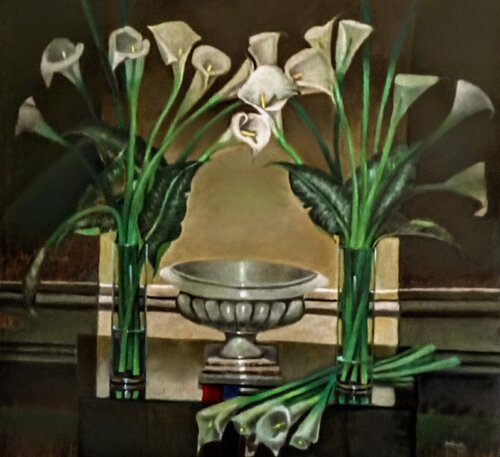 Flores calas y copa ornamental Médici van Fabián Sabbadin, Schilderij te koop op Singulart