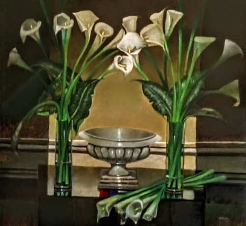 Flores calas y copa ornamental van Fabián Sabbadin, Schilderij te koop op Singulart