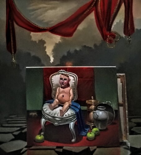 Entre telones rojos " Muñeco de cerámica antiguo " par Fabián Sabbadin, Peinture en vente sur Singulart