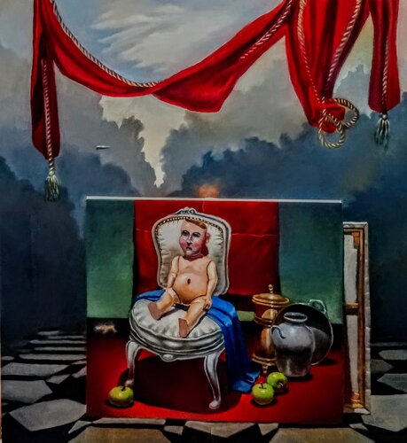 Entre telones rojos " Muñeco de cerámica antiguo " par Fabián Sabbadin, Peinture en vente sur Singulart