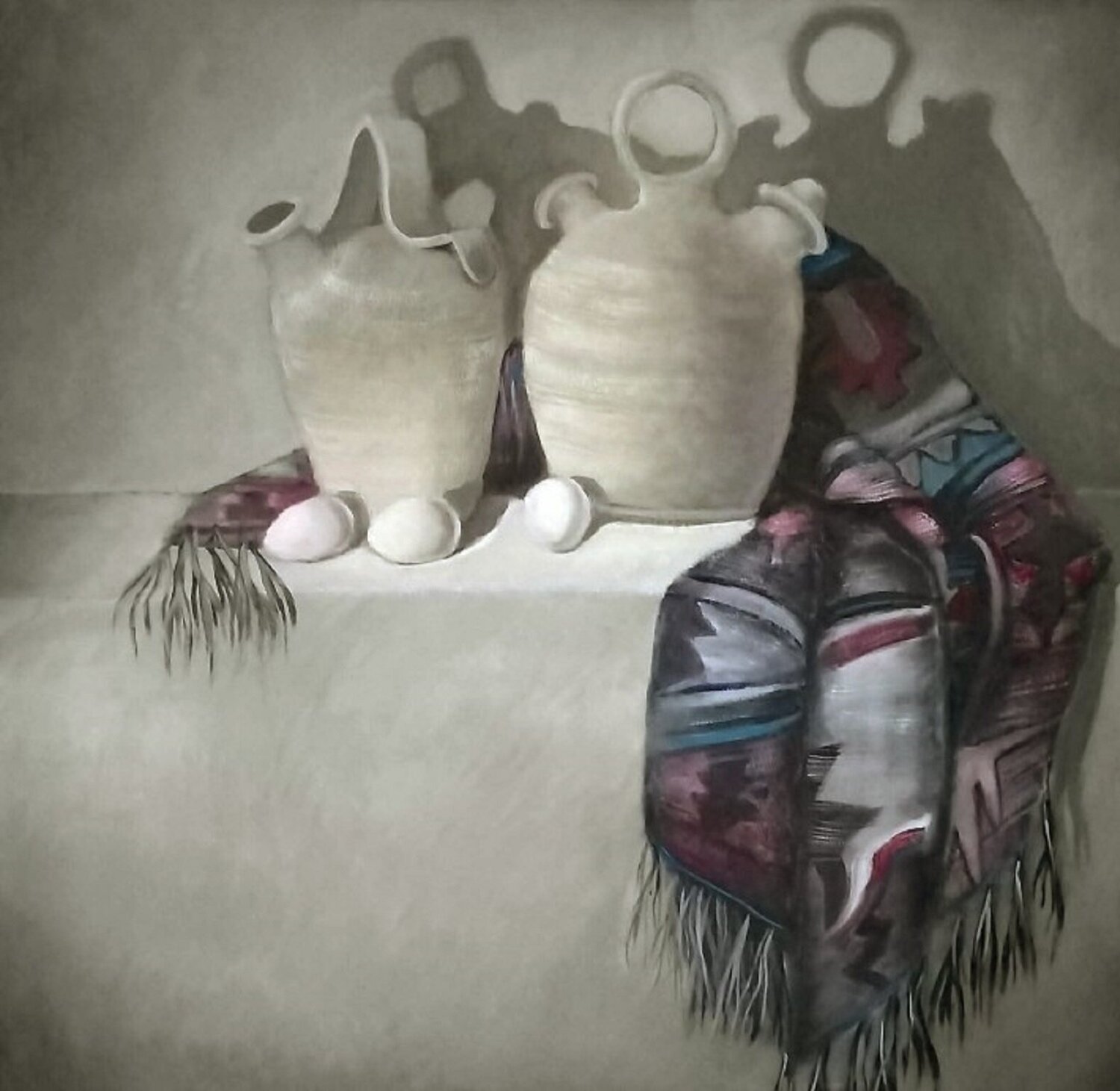 Poncho tejido a telar y botijos españoles Fabián Sabbadin Dipinto originale in vendita